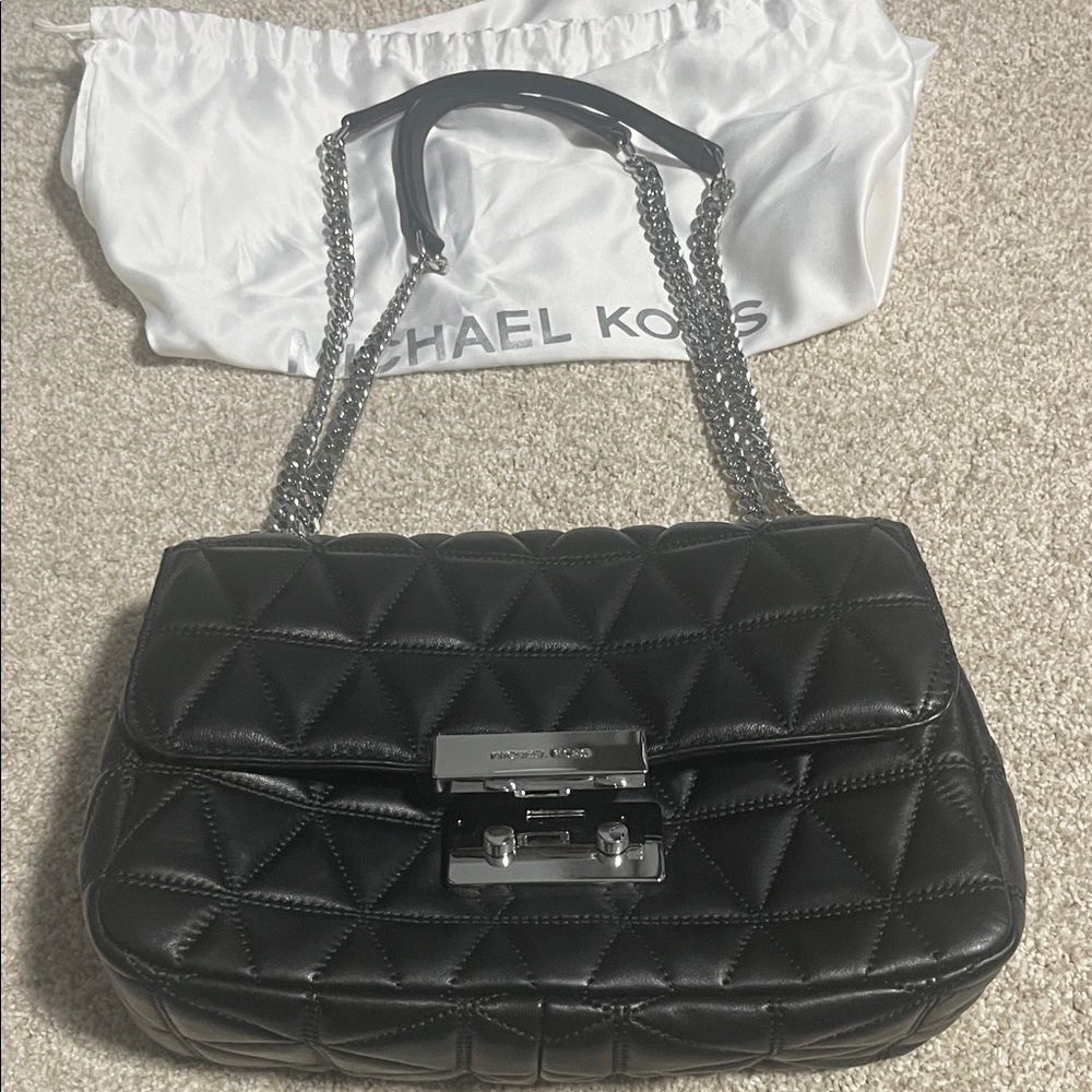 Michael Kors Black Quilted Shoulder Bag with Silver Accents